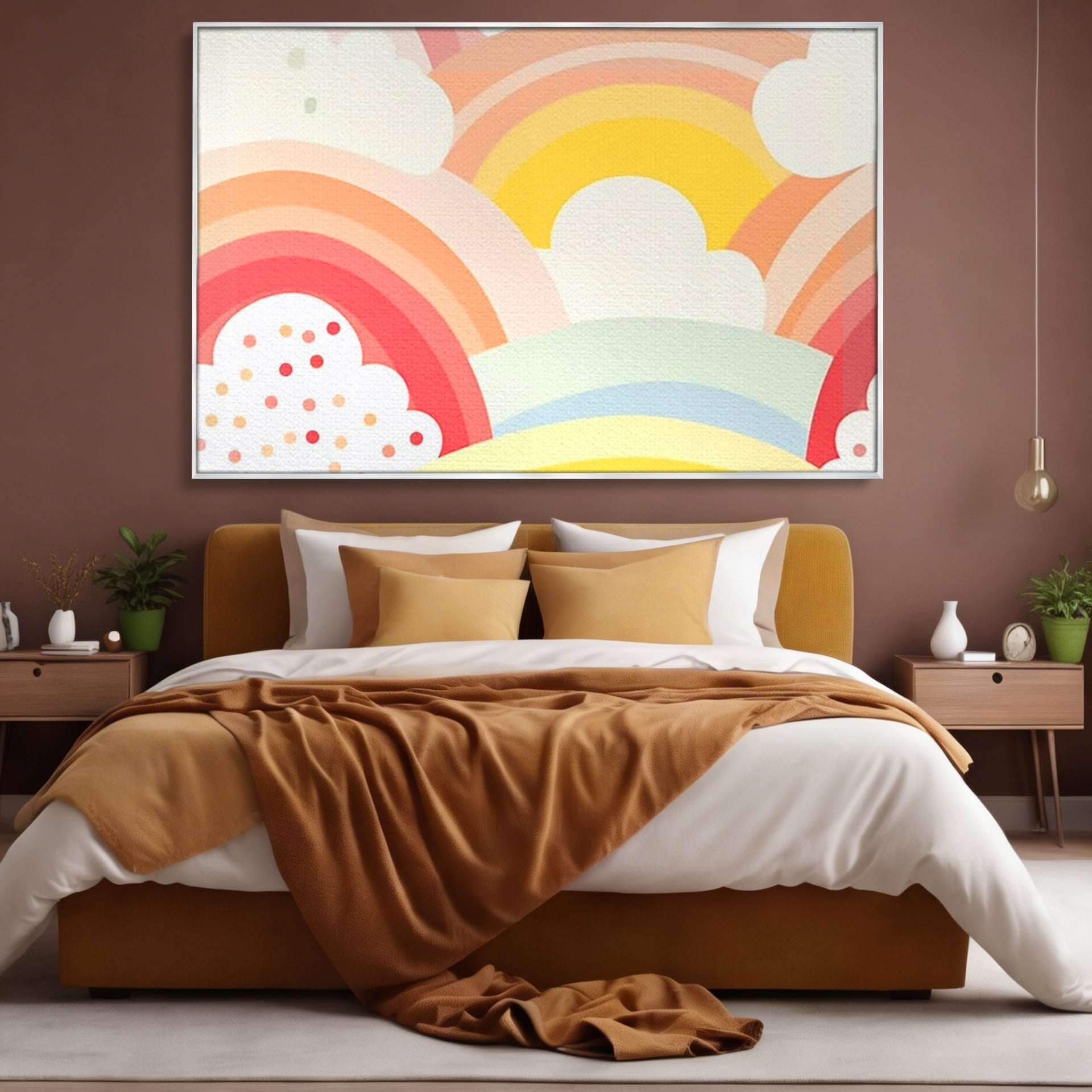 Tablou canvas cu ilustratie digitala cu curcubeu pastel si nori, in rama de aluminiu argintiu, pe perete intr-un dormitor